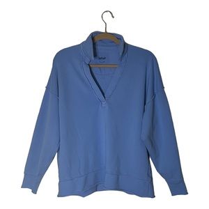 NWOT Aerie Distressed Blue Open Polo Oversized Raw Hem Sweatshirt Size Small